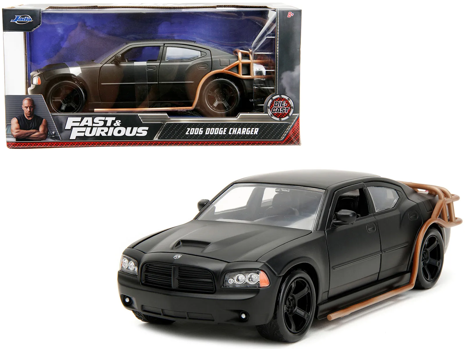 2006 Dodge Charger Matt Black with Outer Cage Fast & Furious Movie 1/24 Diecast Model Car by Jada