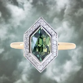 2.17ct Elongated Madagascar Teal Green Sapphire Bezel Set Diamond Halo Ring in Two-tone Platinum and Yellow Gold