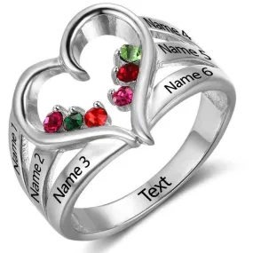 6 Birthstone Mother's Ring In Mom's Heart 6 Engraved Names