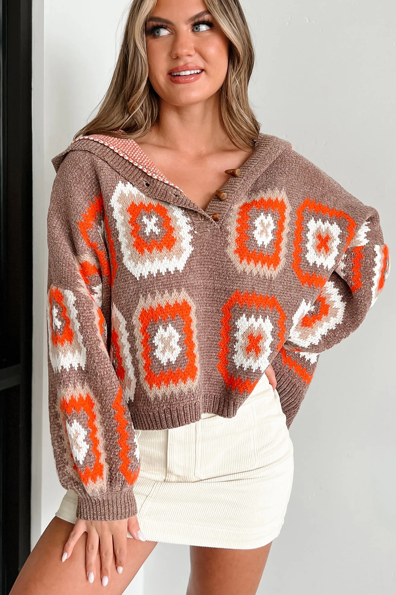 Ailyn Hooded Geometric Sweater (Mocha/Multi)