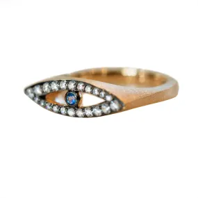 AMMANII Studded Evil Eye Ring with Blue Topaz Center in Vermeil Gold