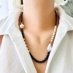 Asymmetric Black Spinel & Freshwater Baroque Pearl Necklace, Gold Filled, 21.5inch