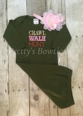 Baby girl Crawl walk hunt newborn baby gown and headband - Coming home outfit ~baby shower gift can customize