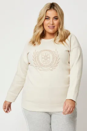 Beige Fleece Sweatshirt Collegiate Long Sleeve Longline