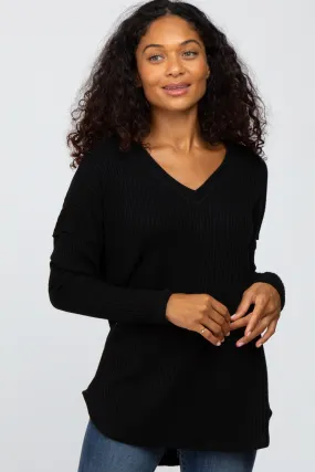 Black Waffle Knit Long Sleeve Top