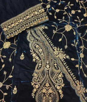 Blue Velvet Unstitched Suit With Golden Embroidery