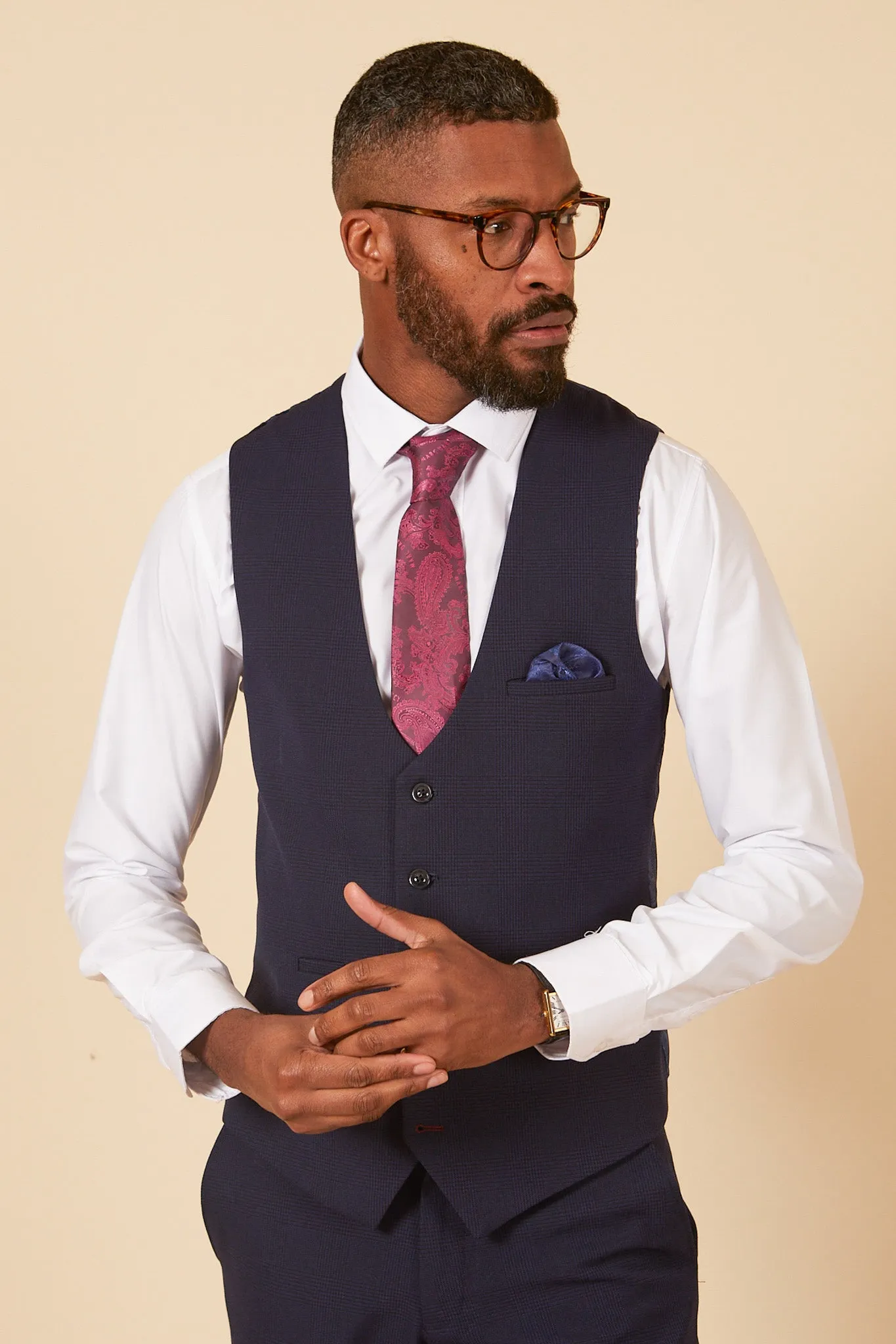 BROMLEY - Navy Single Breasted Check Waistcoat