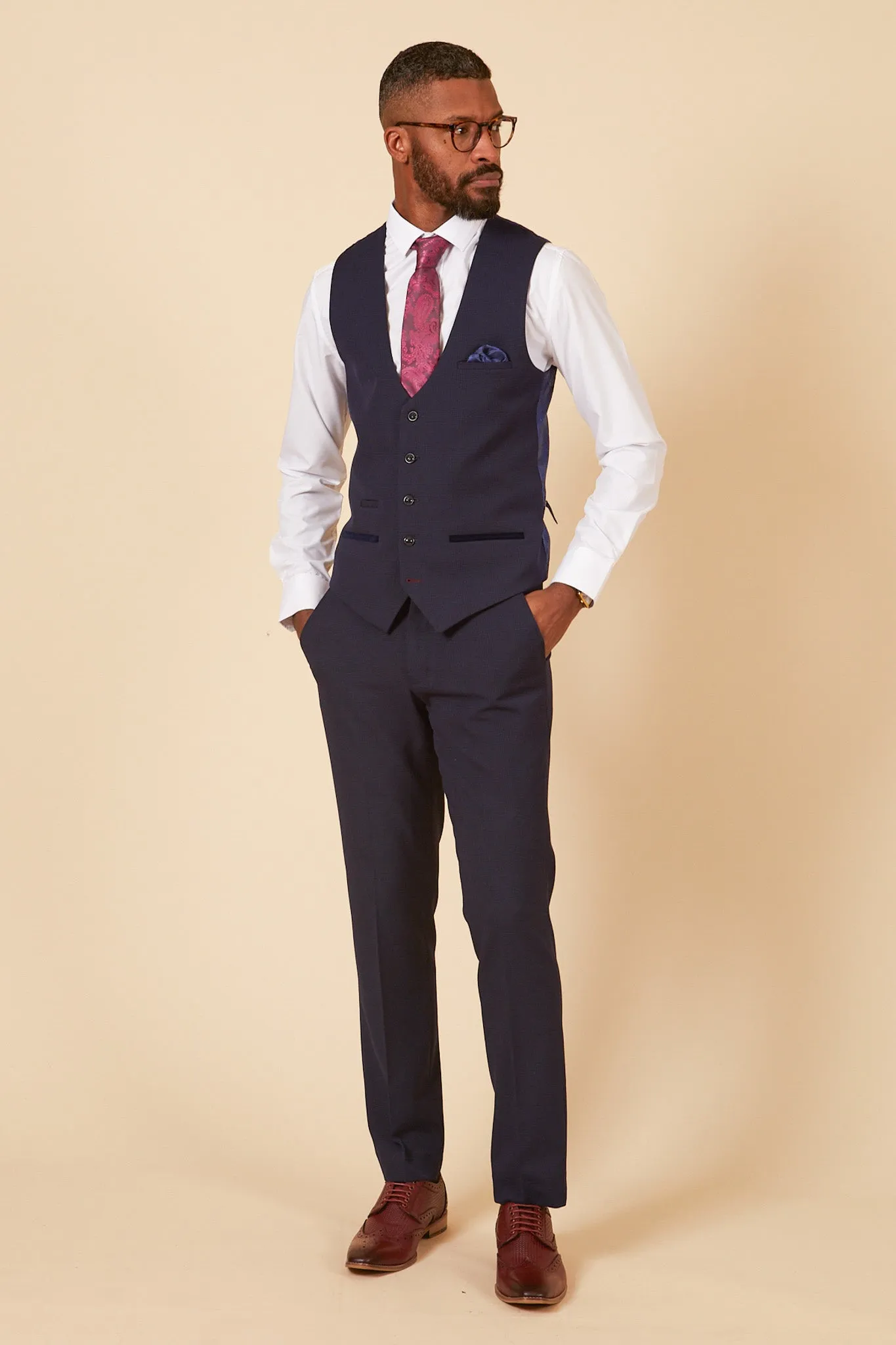 BROMLEY - Navy Single Breasted Check Waistcoat