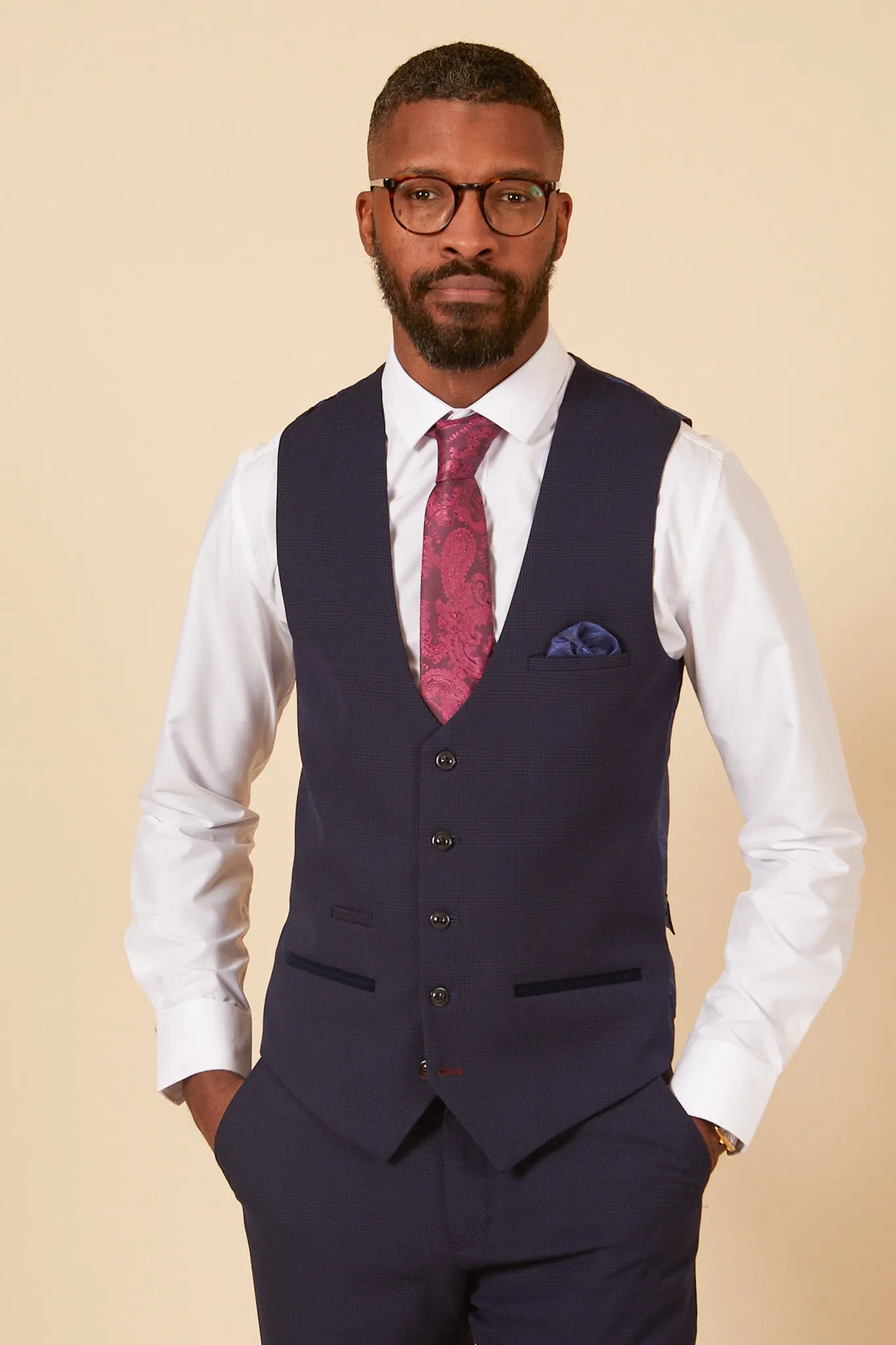 BROMLEY - Navy Single Breasted Check Waistcoat