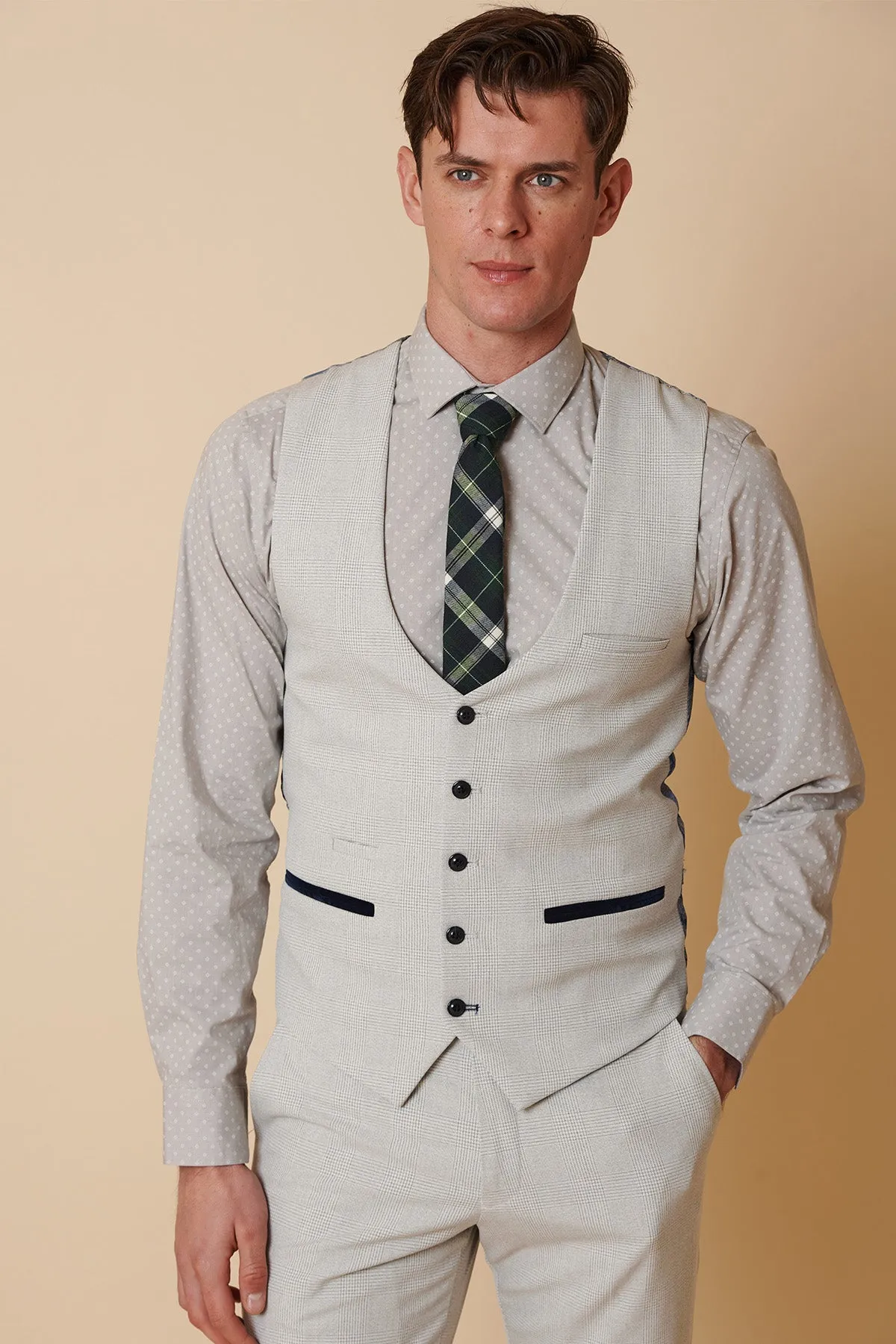 BROMLEY - Stone Single Breasted Check Waistcoat