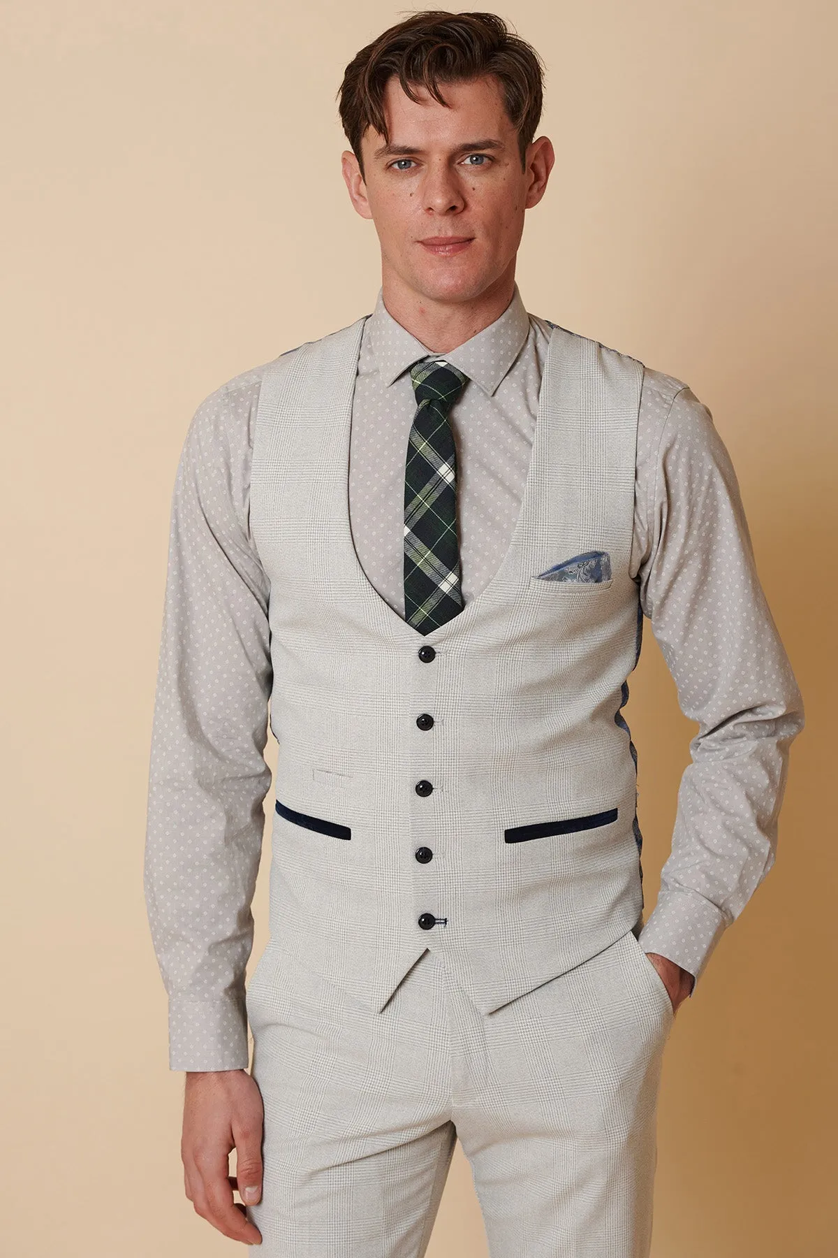 BROMLEY - Stone Single Breasted Check Waistcoat