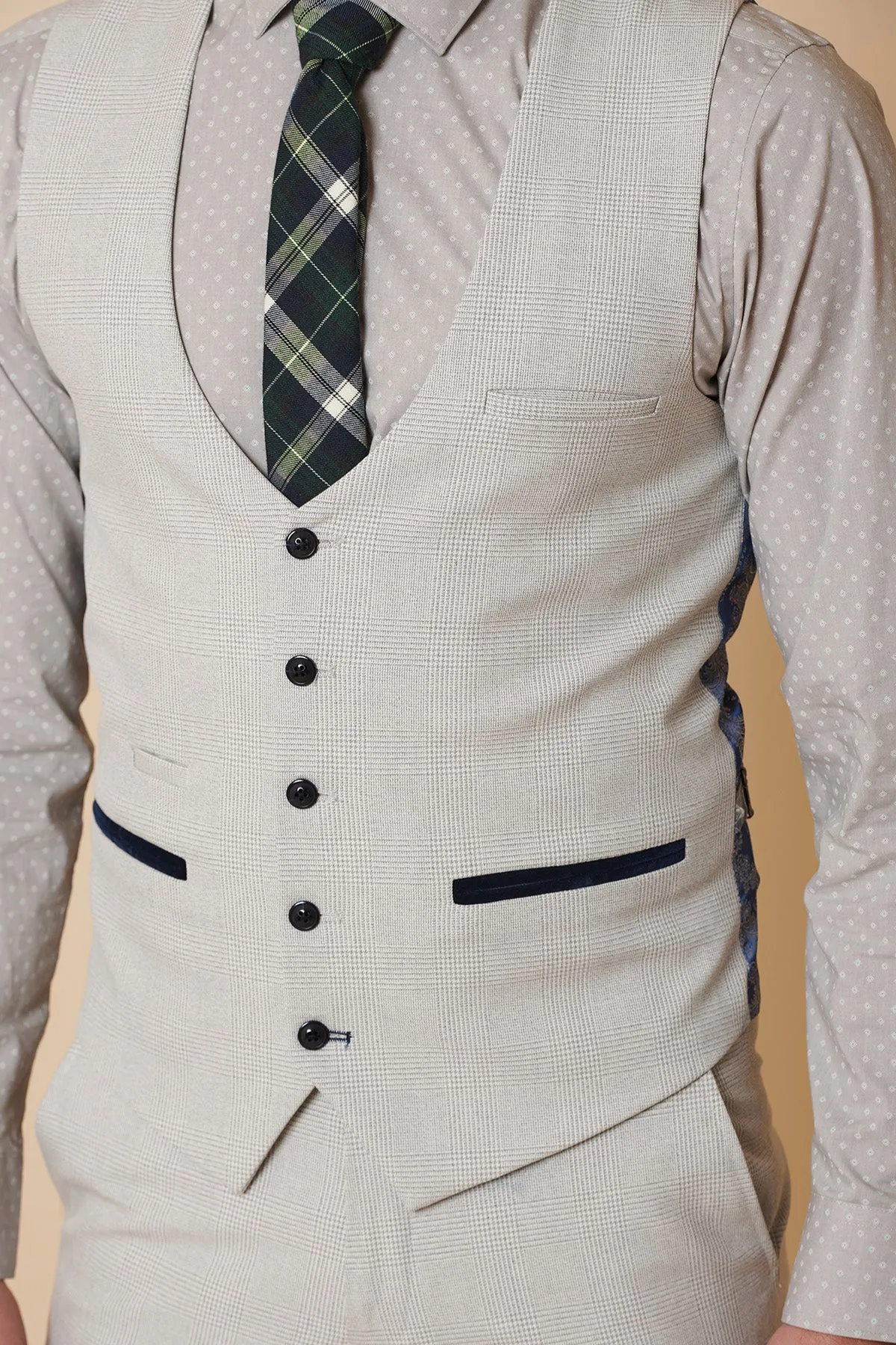 BROMLEY - Stone Single Breasted Check Waistcoat