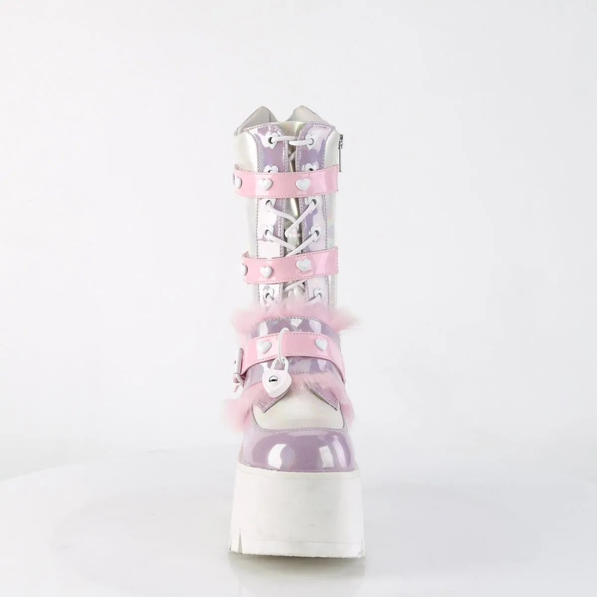 Demonia ASHES-120 | Baby Pink Holo Patent Leather Mid-Calf Boots