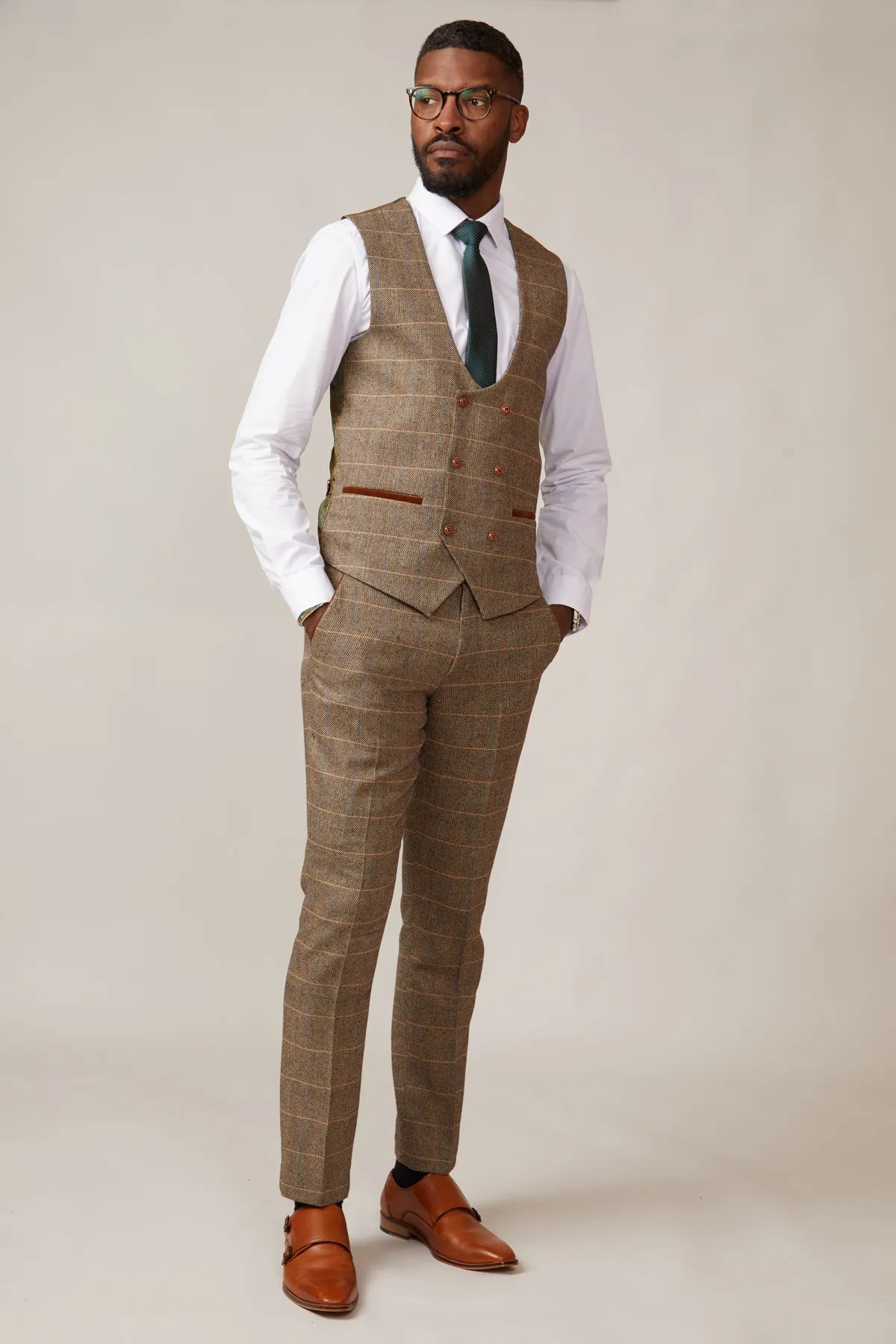 DX7 - Tan Tweed Check Three Piece Suit With Double Breasted Waistcoat