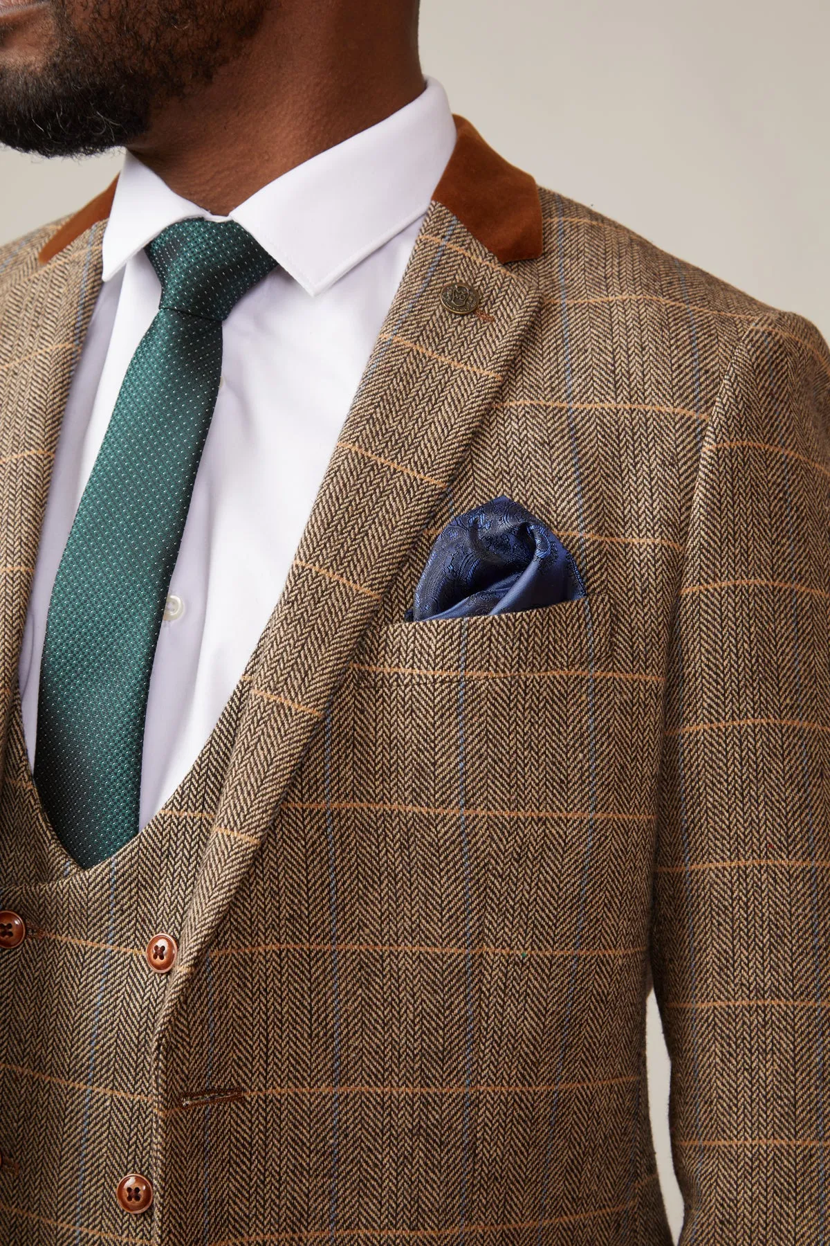 DX7 - Tan Tweed Check Three Piece Suit With Double Breasted Waistcoat