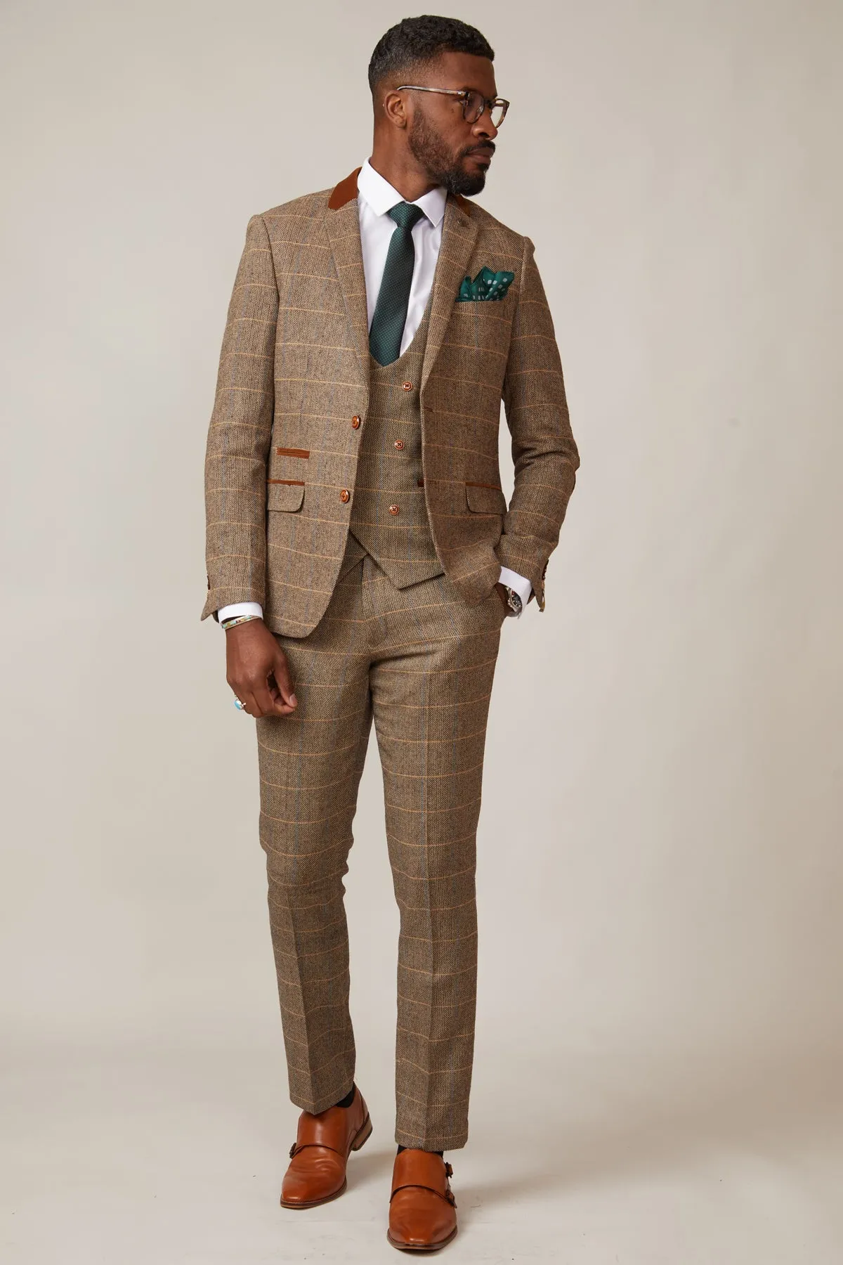 DX7 - Tan Tweed Check Three Piece Suit With Double Breasted Waistcoat