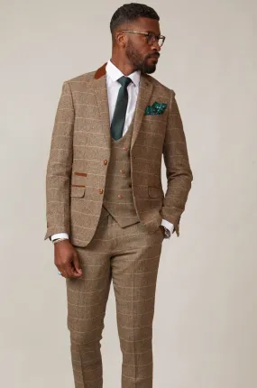 DX7 - Tan Tweed Check Three Piece Suit With Double Breasted Waistcoat