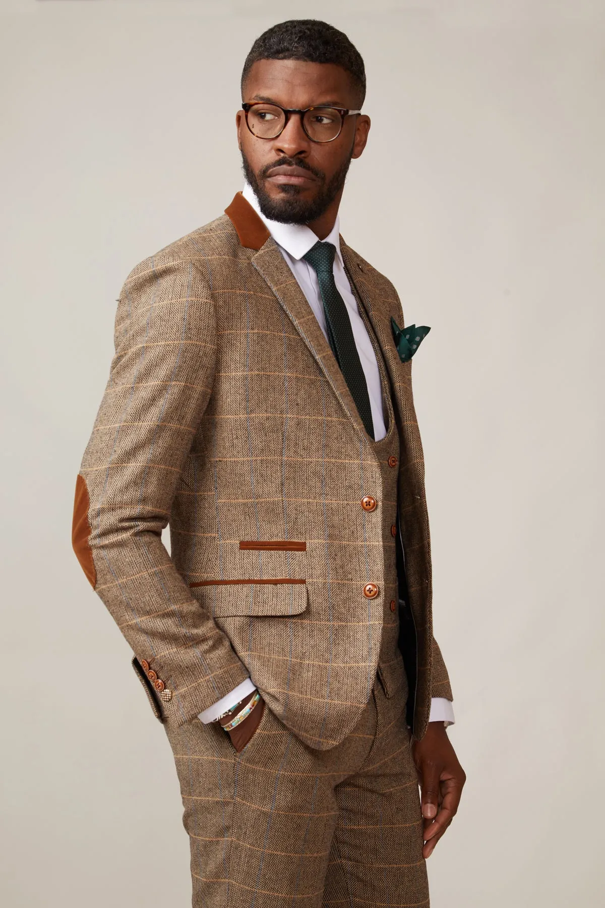 DX7 - Tan Tweed Check Three Piece Suit With Double Breasted Waistcoat