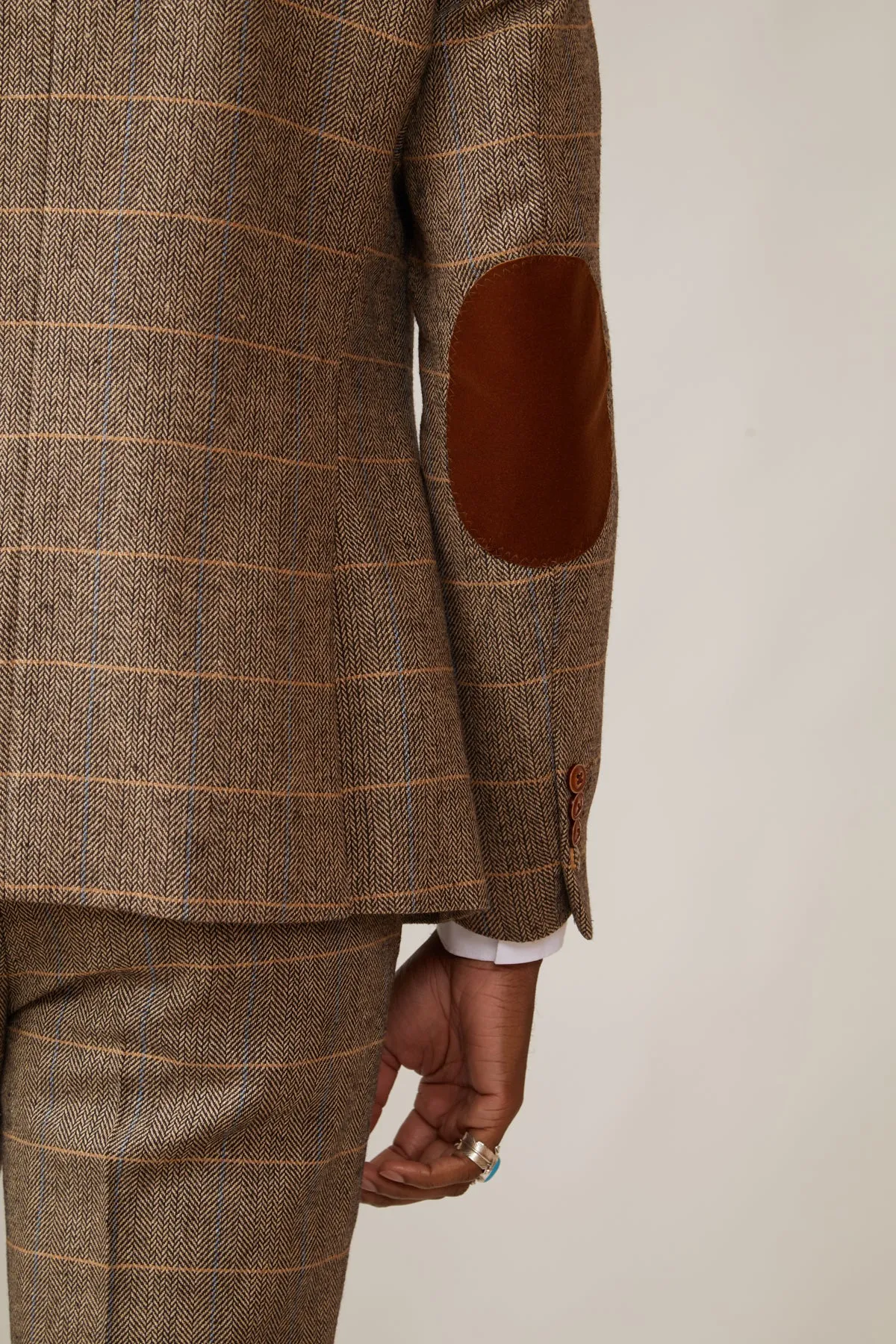 DX7 - Tan Tweed Check Three Piece Suit With Double Breasted Waistcoat