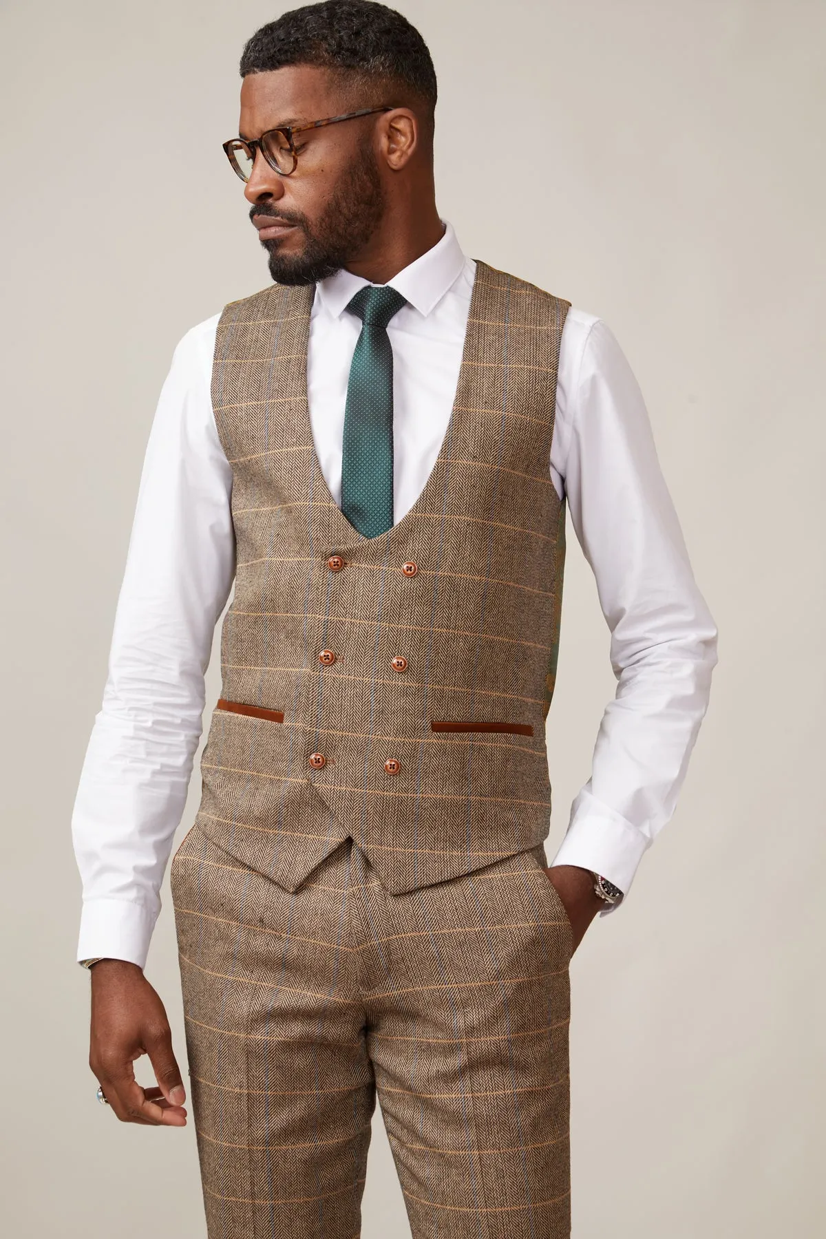 DX7 - Tan Tweed Check Three Piece Suit With Double Breasted Waistcoat