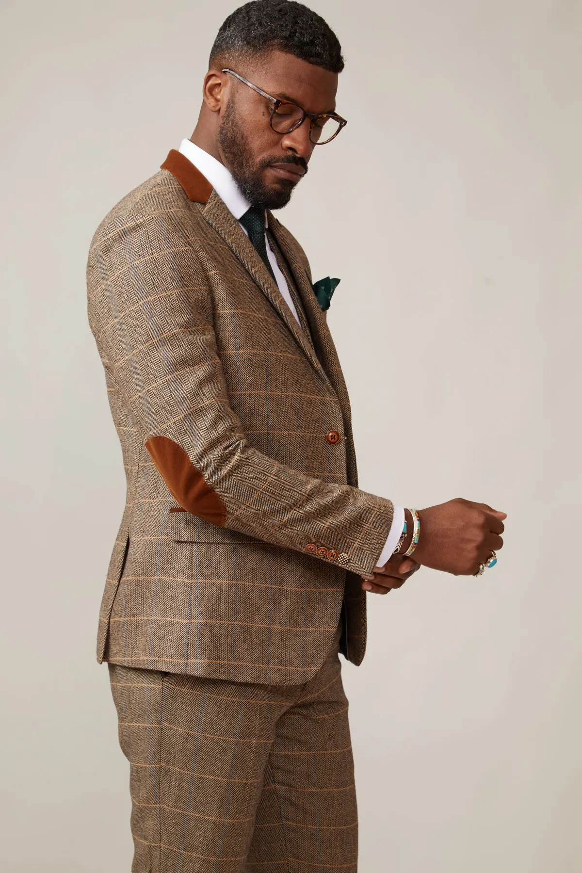 DX7 - Tan Tweed Check Three Piece Suit With Double Breasted Waistcoat