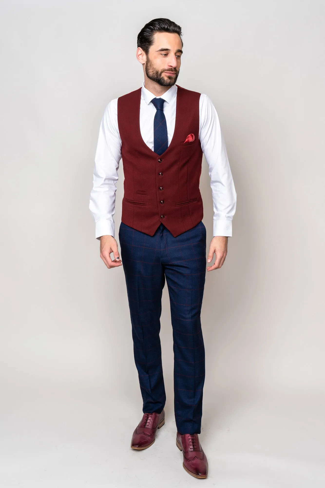 EDINSON - Navy Check Suit with Kelvin Wine Waistcoat