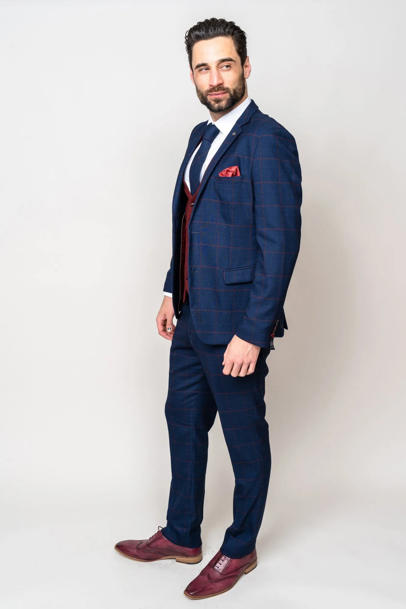 EDINSON - Navy Check Suit with Kelvin Wine Waistcoat