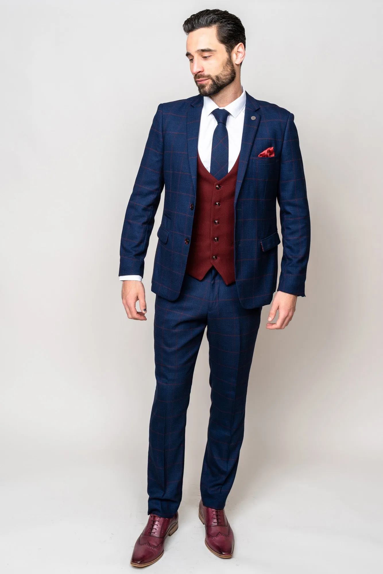 EDINSON - Navy Check Suit with Kelvin Wine Waistcoat