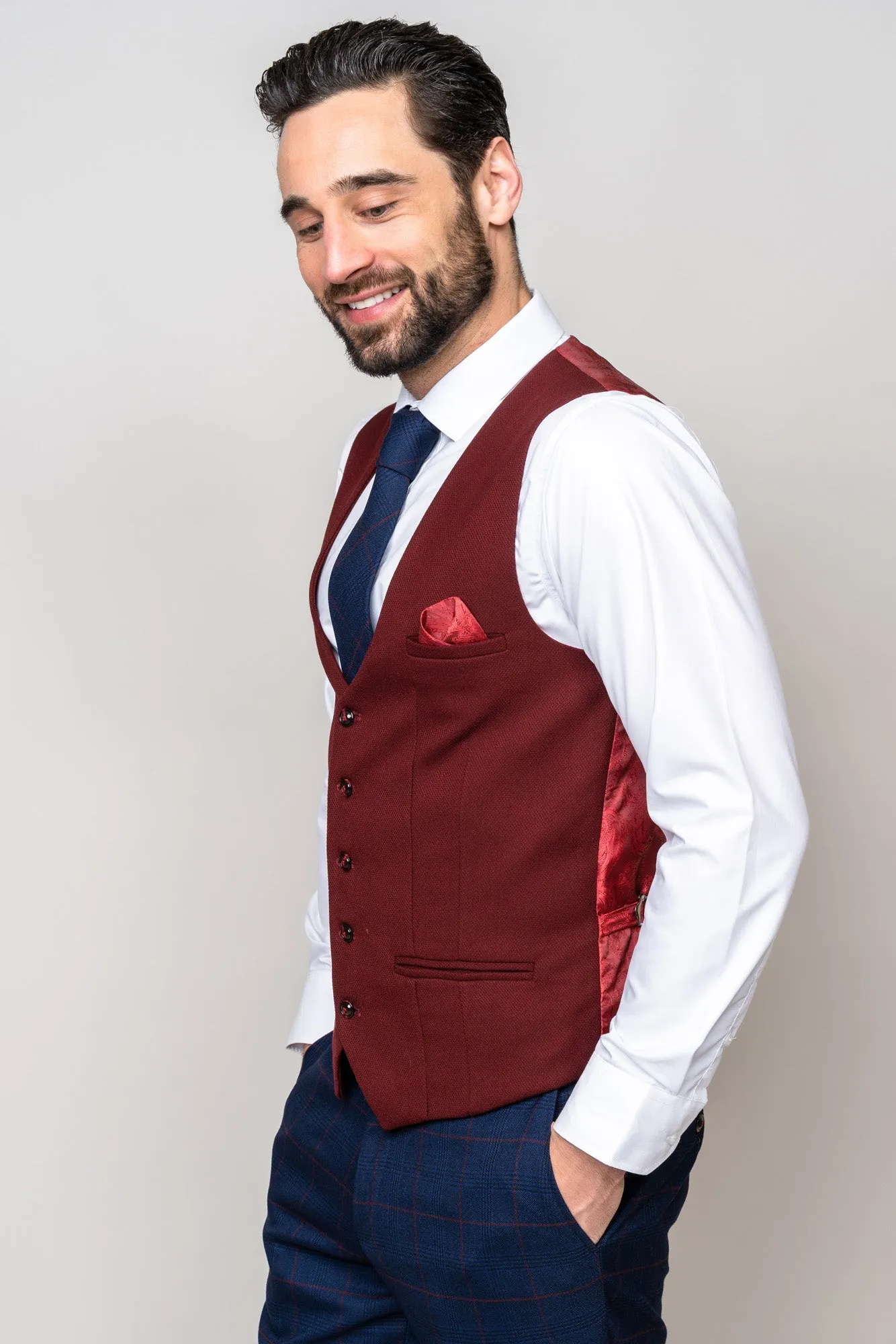 EDINSON - Navy Check Suit with Kelvin Wine Waistcoat