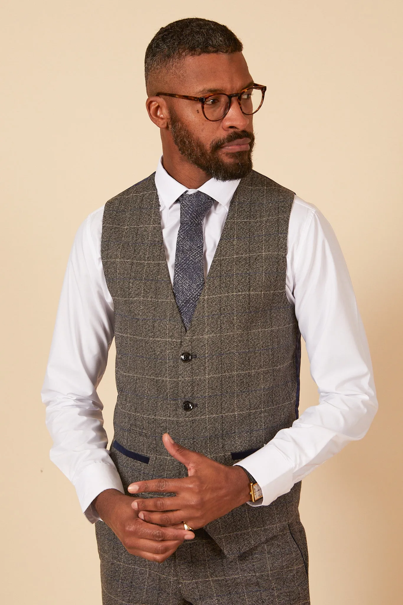 LEN SCOTT - Grey Tweed Check Waistcoat