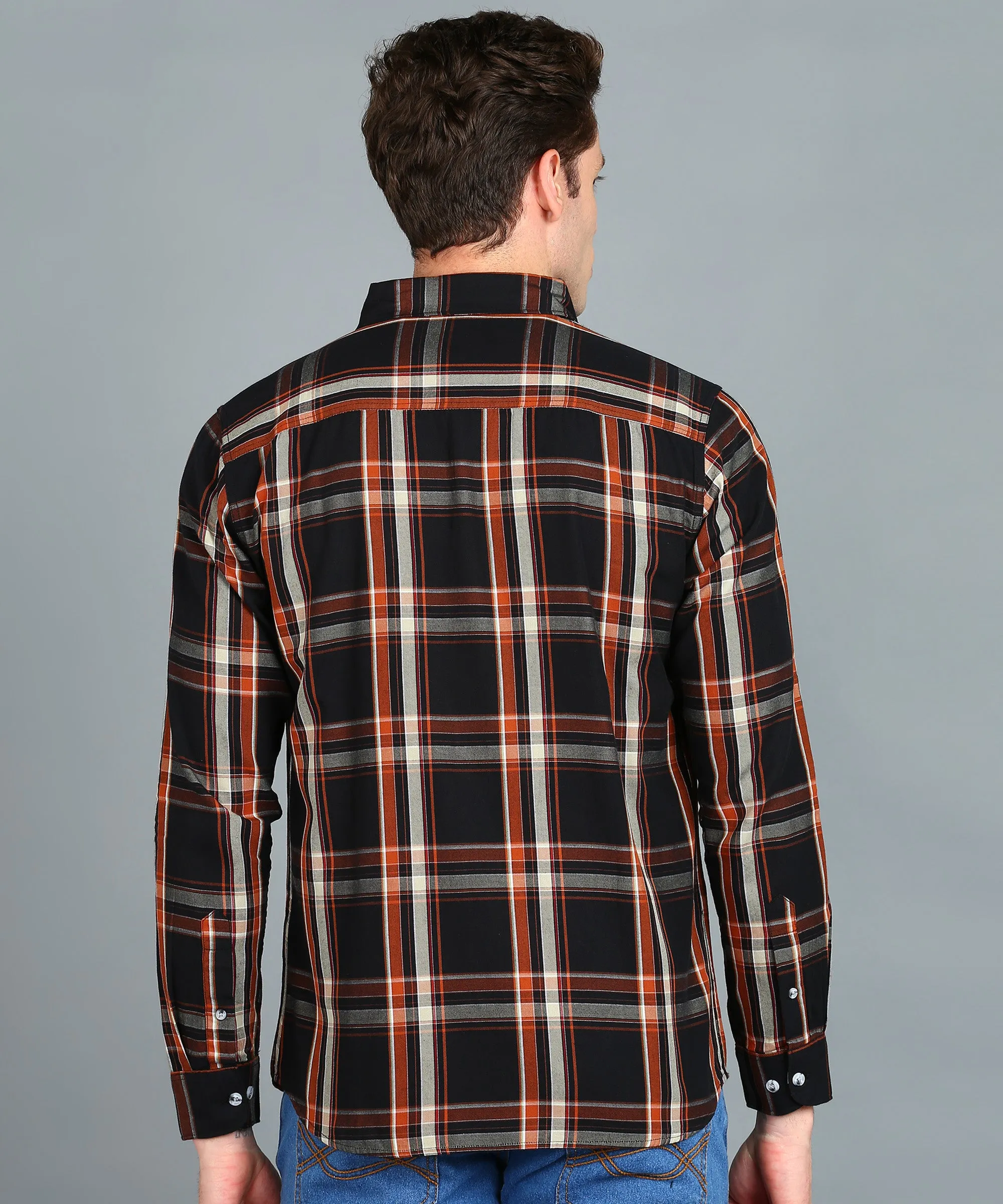 Men's Black, Orange Cotton Full Sleeve Slim Fit Casual Checkered Shirt