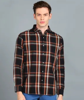 Men's Black, Orange Cotton Full Sleeve Slim Fit Casual Checkered Shirt