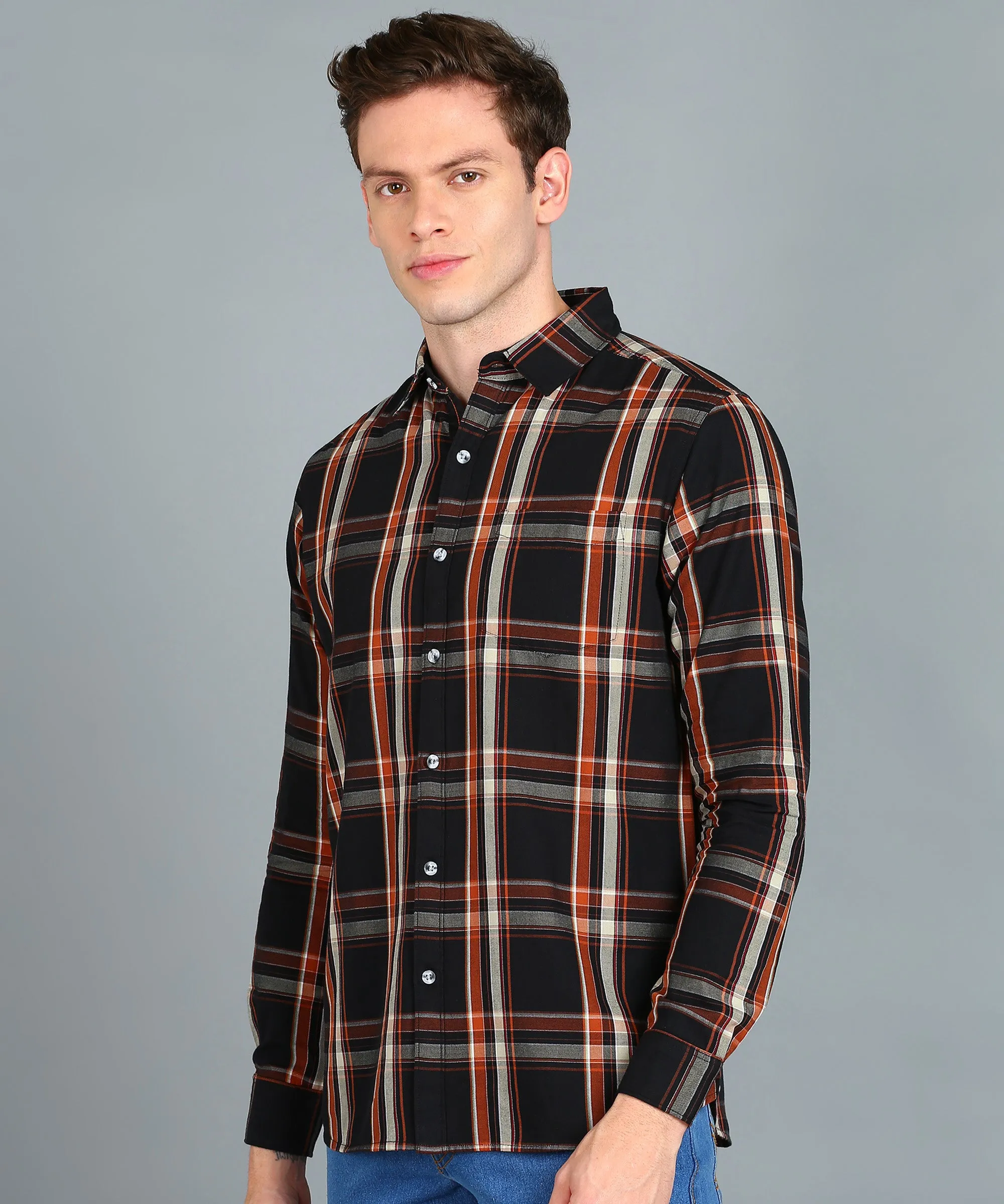 Men's Black, Orange Cotton Full Sleeve Slim Fit Casual Checkered Shirt