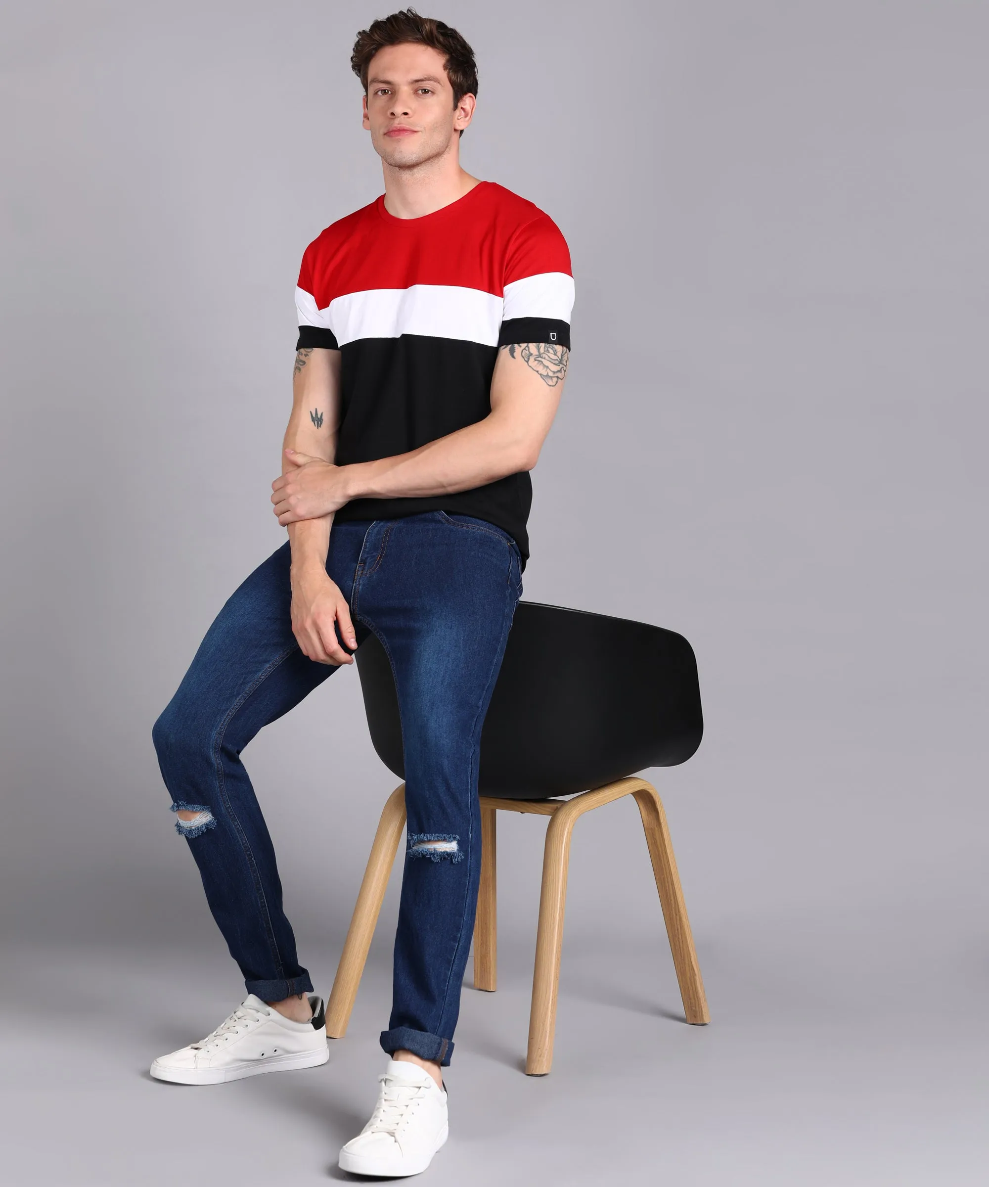 Men's Black, White, Red Cotton Color-Block Slim Fit Half Sleeve T-Shirt