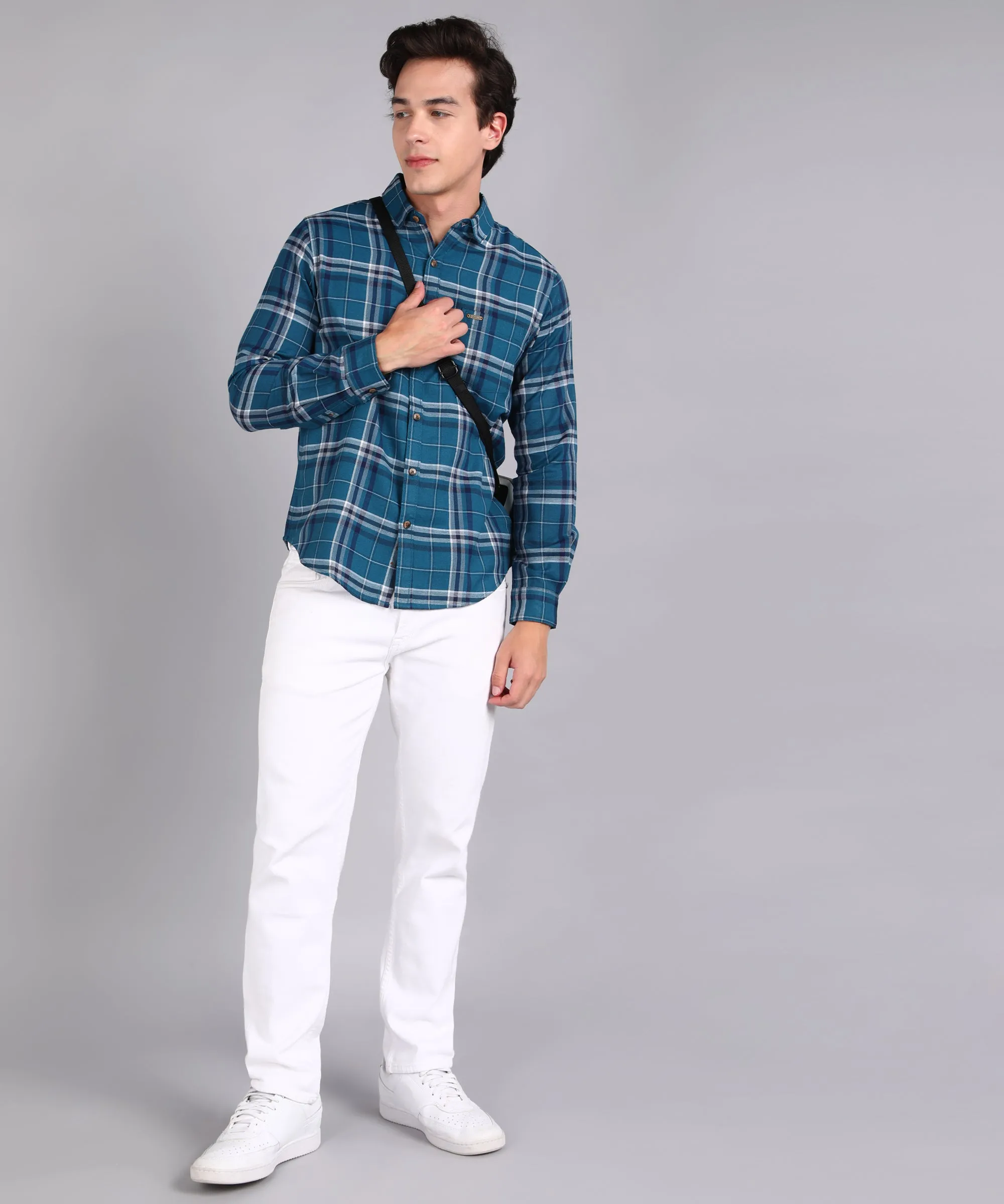 Men's Blue Cotton Full Sleeve Slim Fit Casual Checkered Shirt