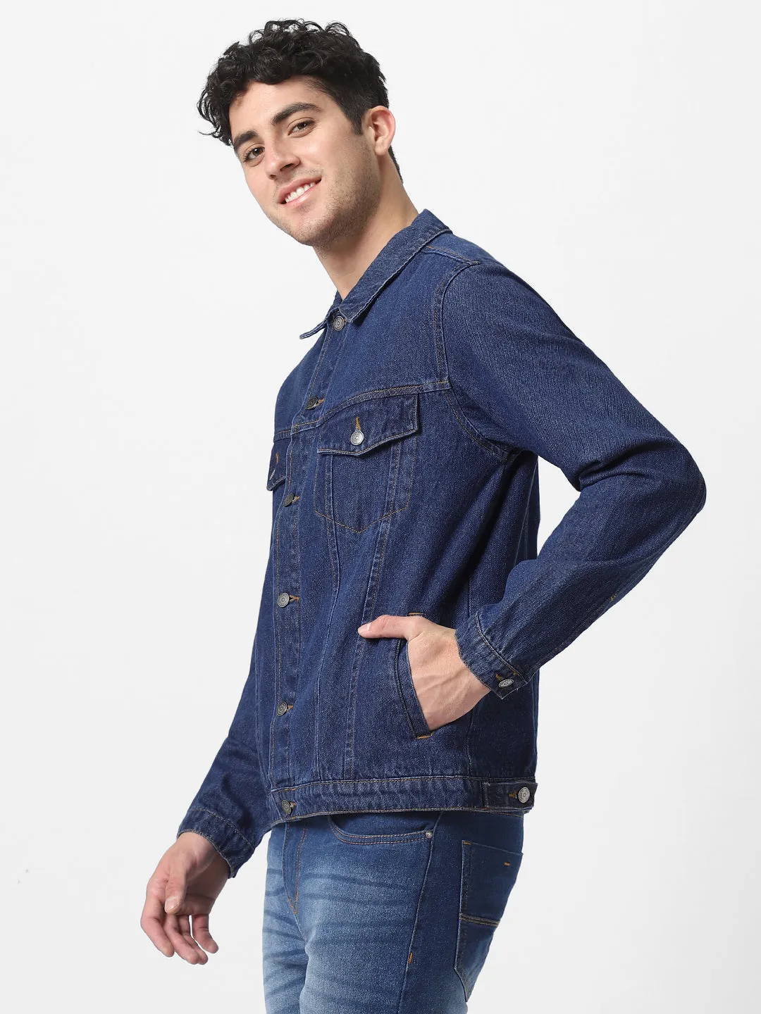 Men's Blue Regular Fit Washed Full Sleeve Denim Jacket