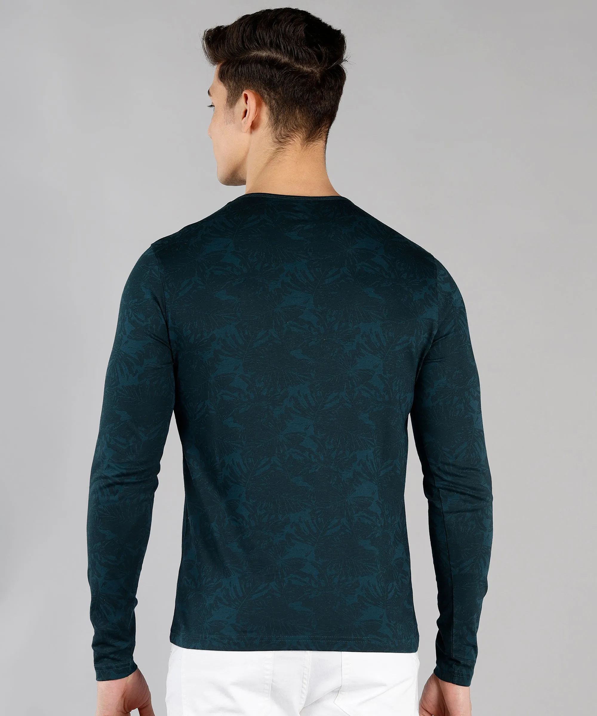 Men's Dark Green Printed Henley Neck Full Sleeve Cotton T-Shirt