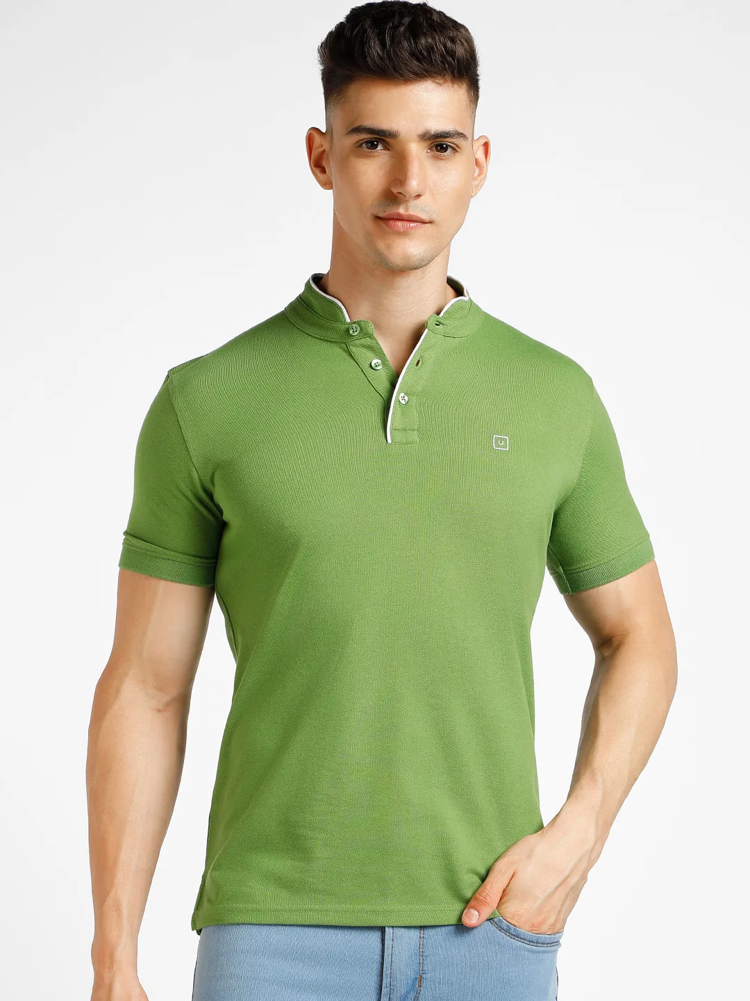 Men's Green Solid Slim Fit Half Sleeve Cotton Polo T-Shirt with Mandarin Collar