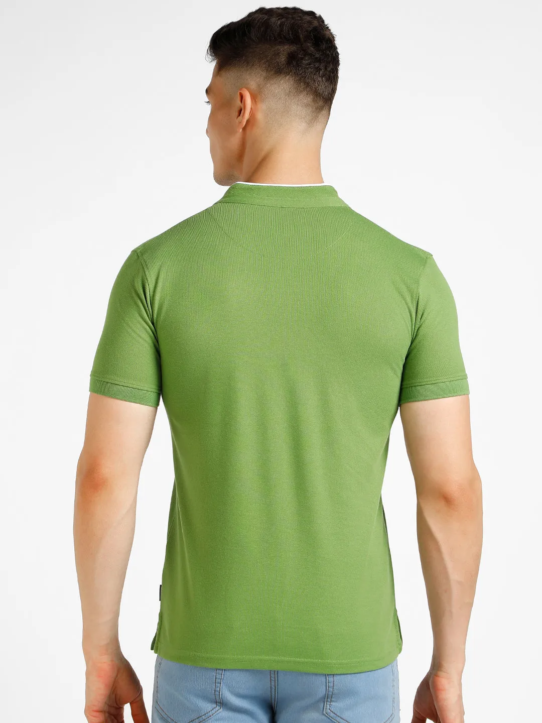 Men's Green Solid Slim Fit Half Sleeve Cotton Polo T-Shirt with Mandarin Collar