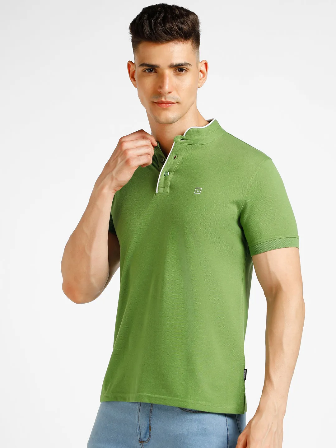 Men's Green Solid Slim Fit Half Sleeve Cotton Polo T-Shirt with Mandarin Collar