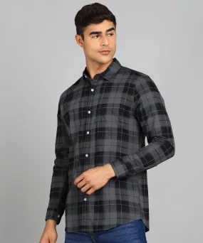 Men's Grey Cotton Full Sleeve Slim Fit Casual Checkered Shirt