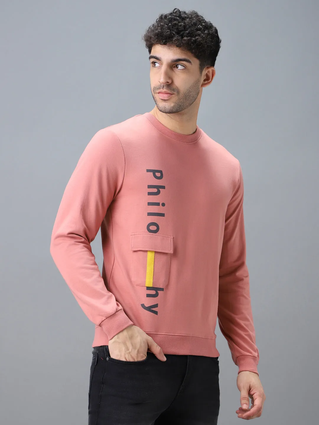 Men's Pink Cotton Graphic Print Round Neck Sweatshirt