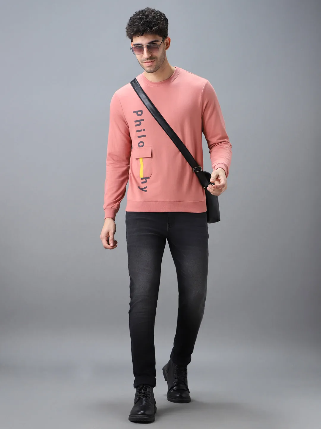 Men's Pink Cotton Graphic Print Round Neck Sweatshirt