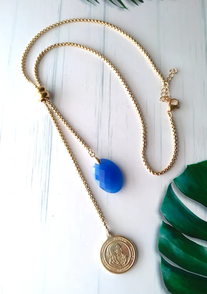 Oval Blue Jade with Padre Pio Slider Necklace