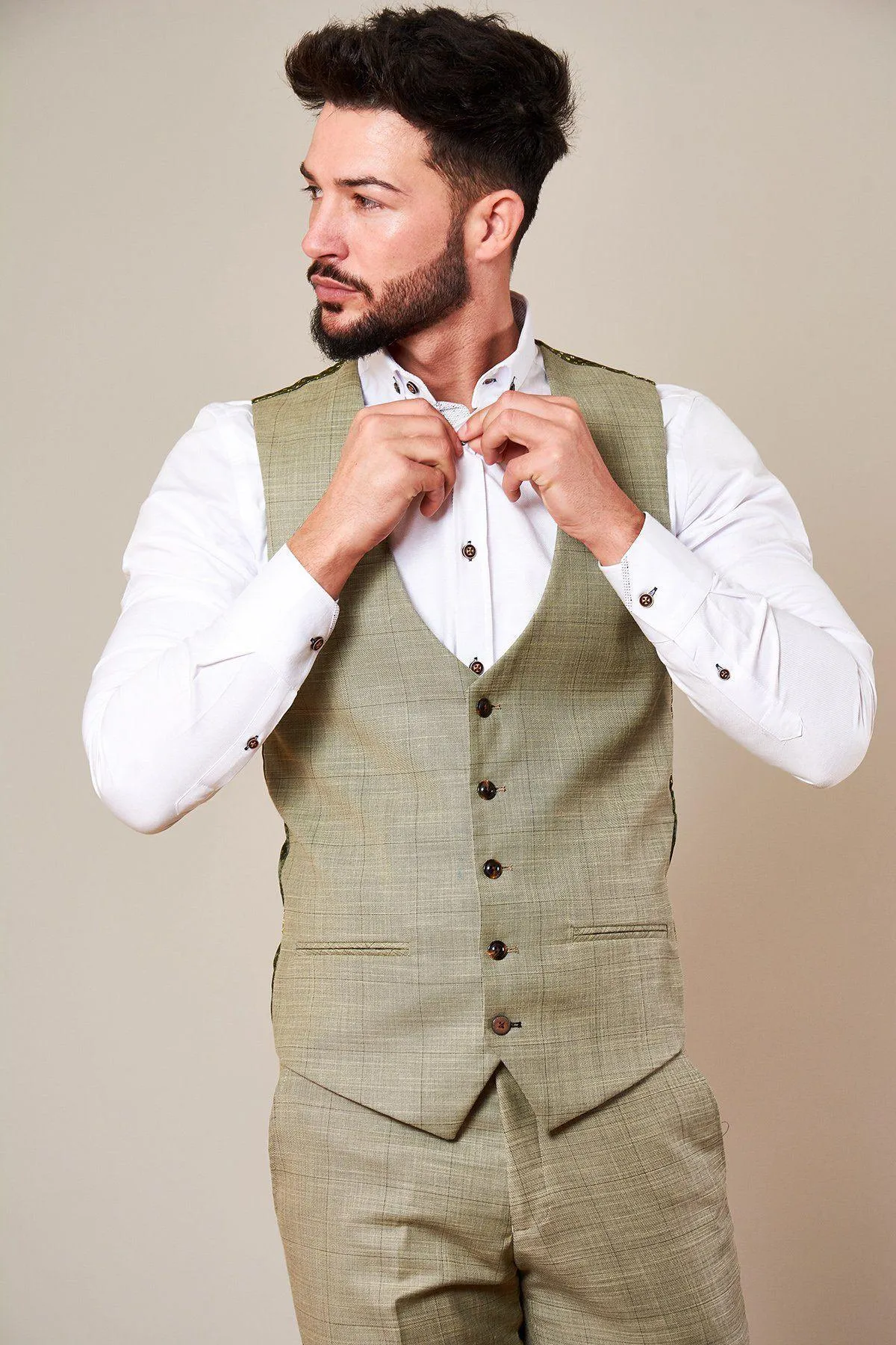 SID - Mustard Beige Check Single Breasted Waistcoat