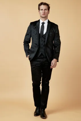 SIMON - Black Velvet Jacquard Three Piece Suit