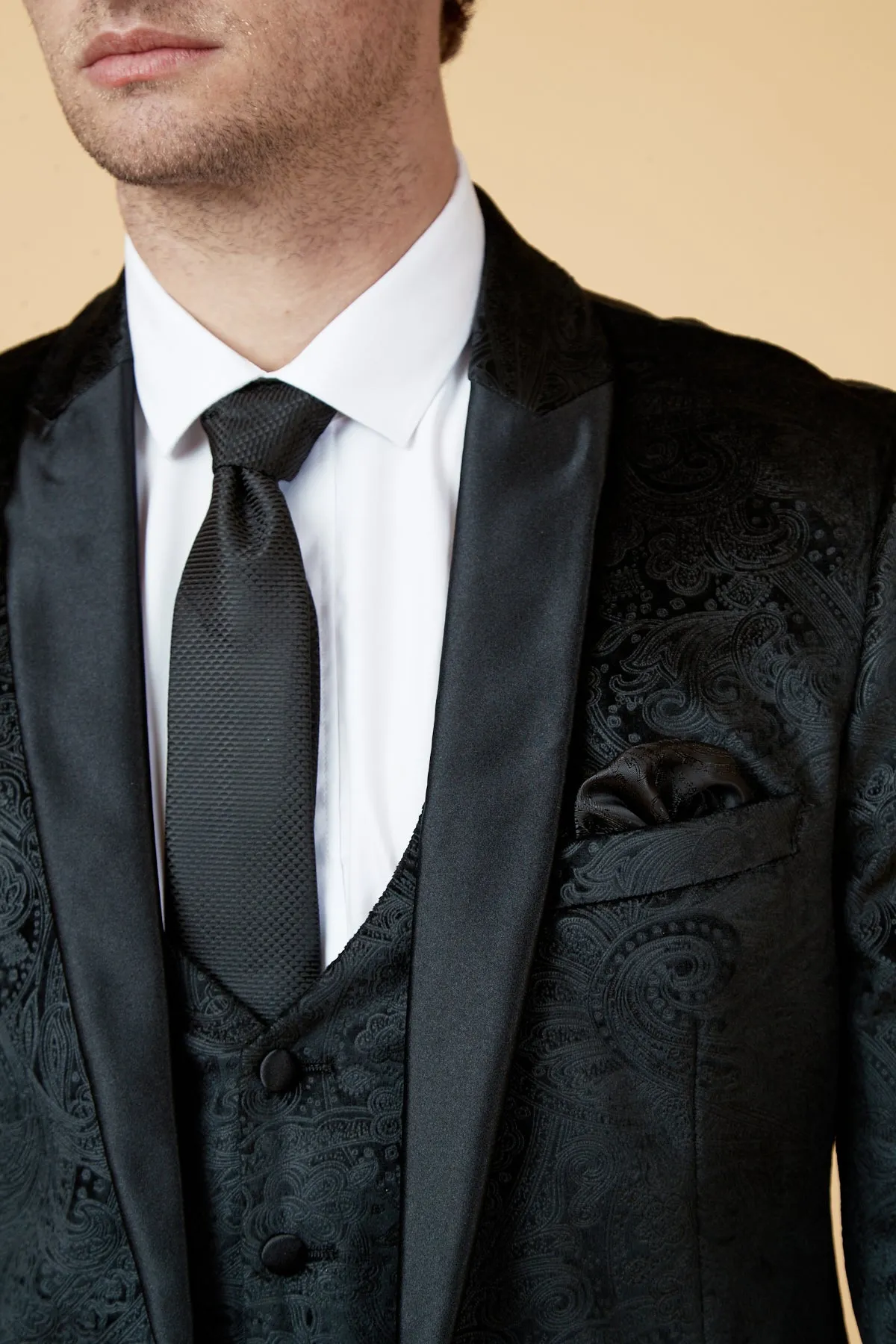 SIMON - Black Velvet Jacquard Three Piece Suit