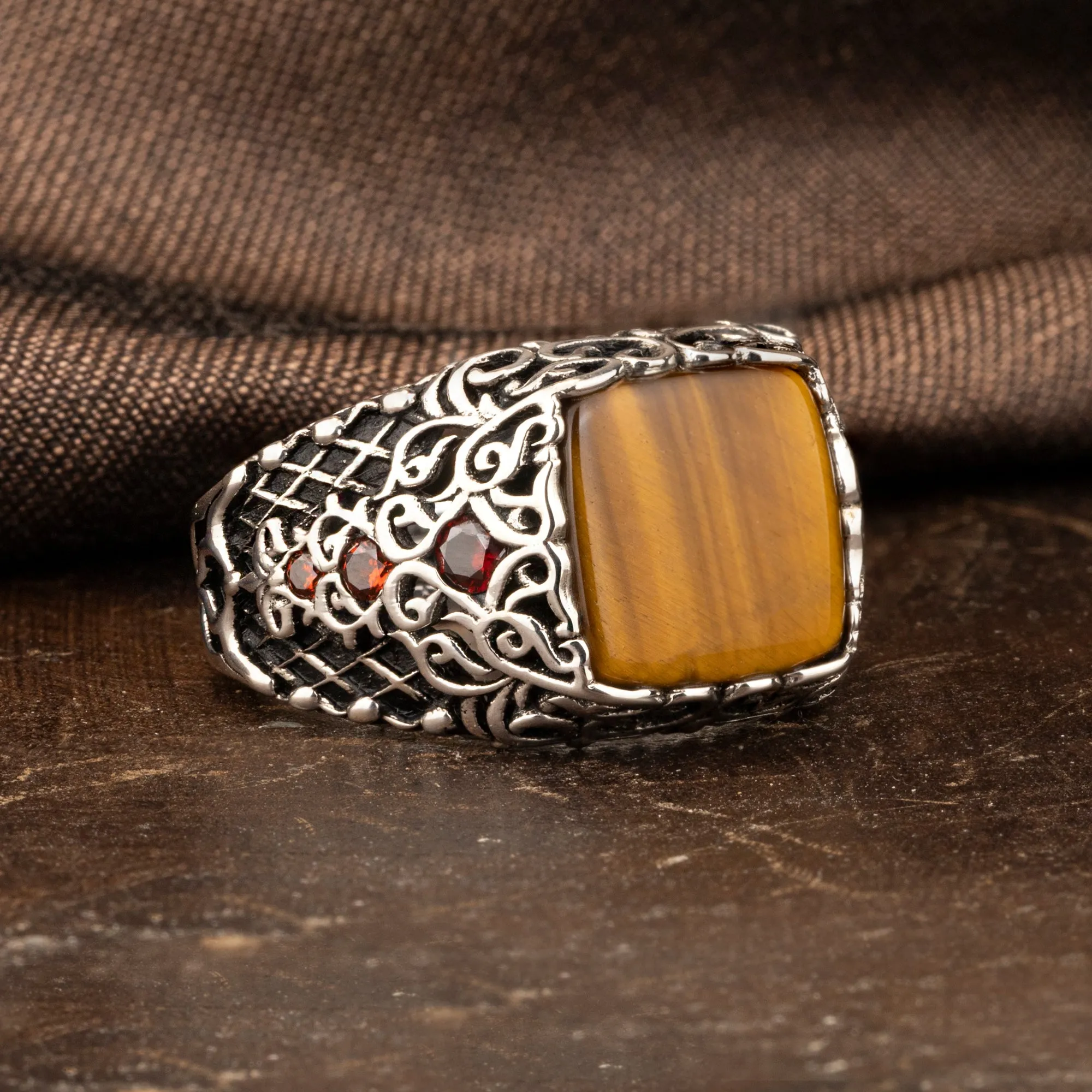 Tiger Eye Stone with Red Zircon on Sides Square Silver Men's Ring