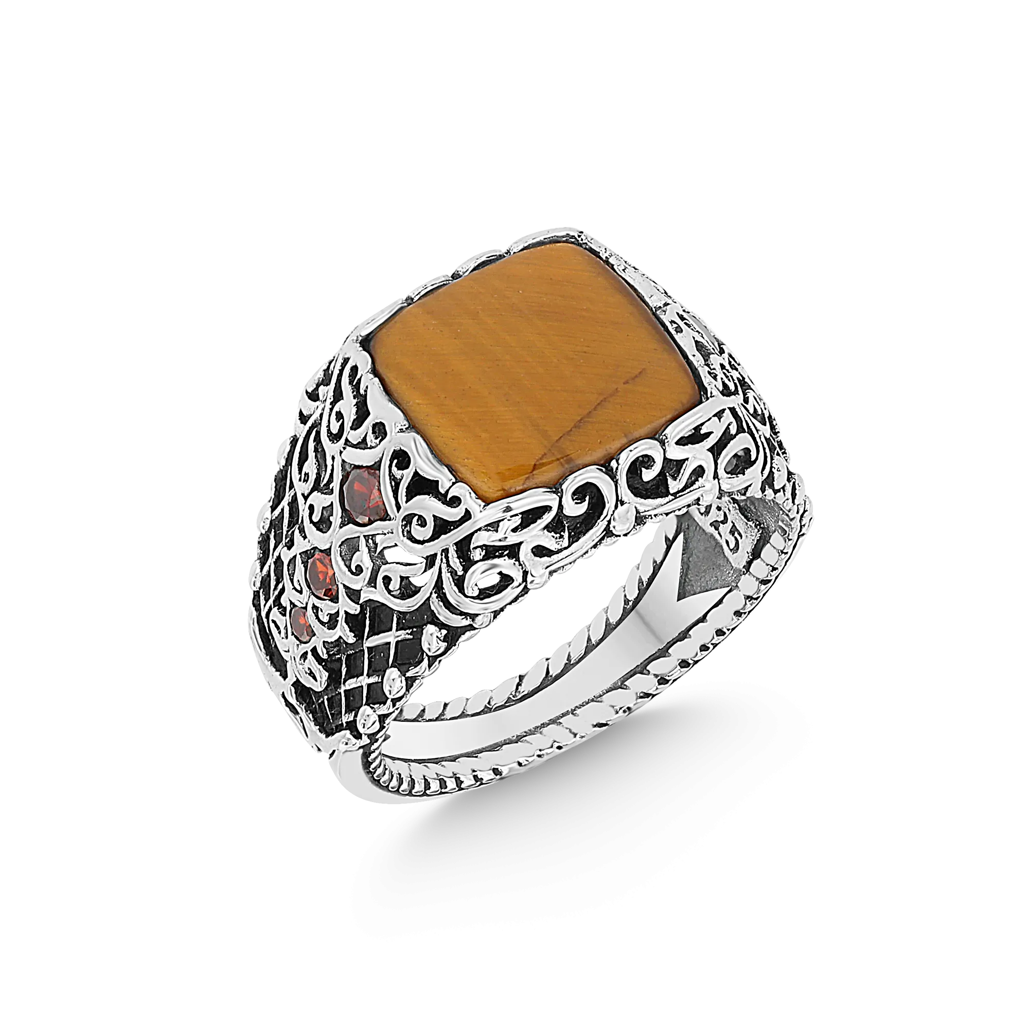 Tiger Eye Stone with Red Zircon on Sides Square Silver Men's Ring